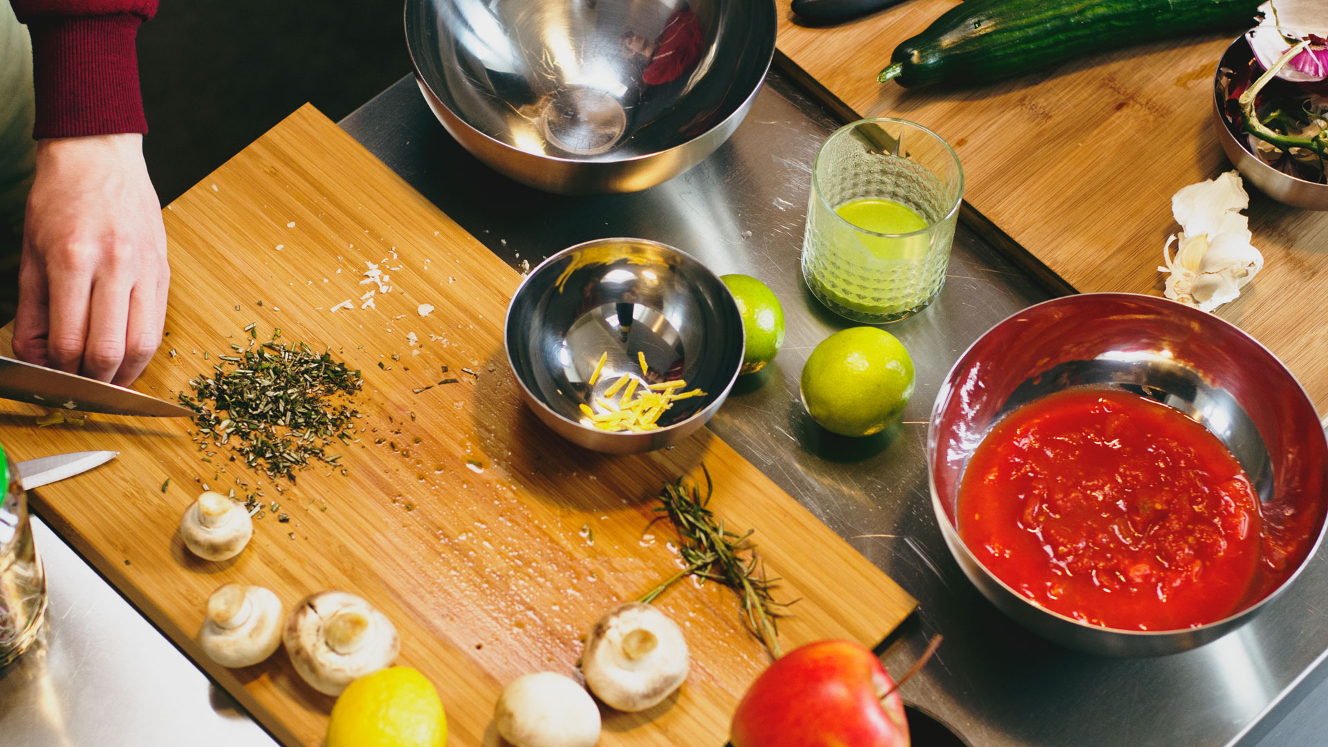 Preparing-ingredients-for-vegan-gluten-free-lentil-lemon-rosemary-rocket-salad-and-gazpacho-soup-Foodadit