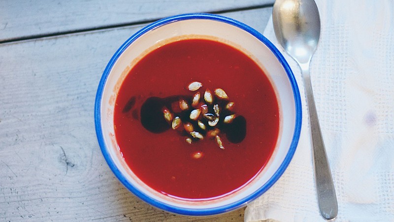 Butternut Squash Beet Soup with Roasted Seeds