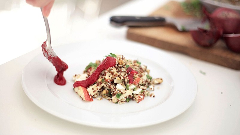 Dressing the Quinoa Salad with Zesty Pureed Beetroot