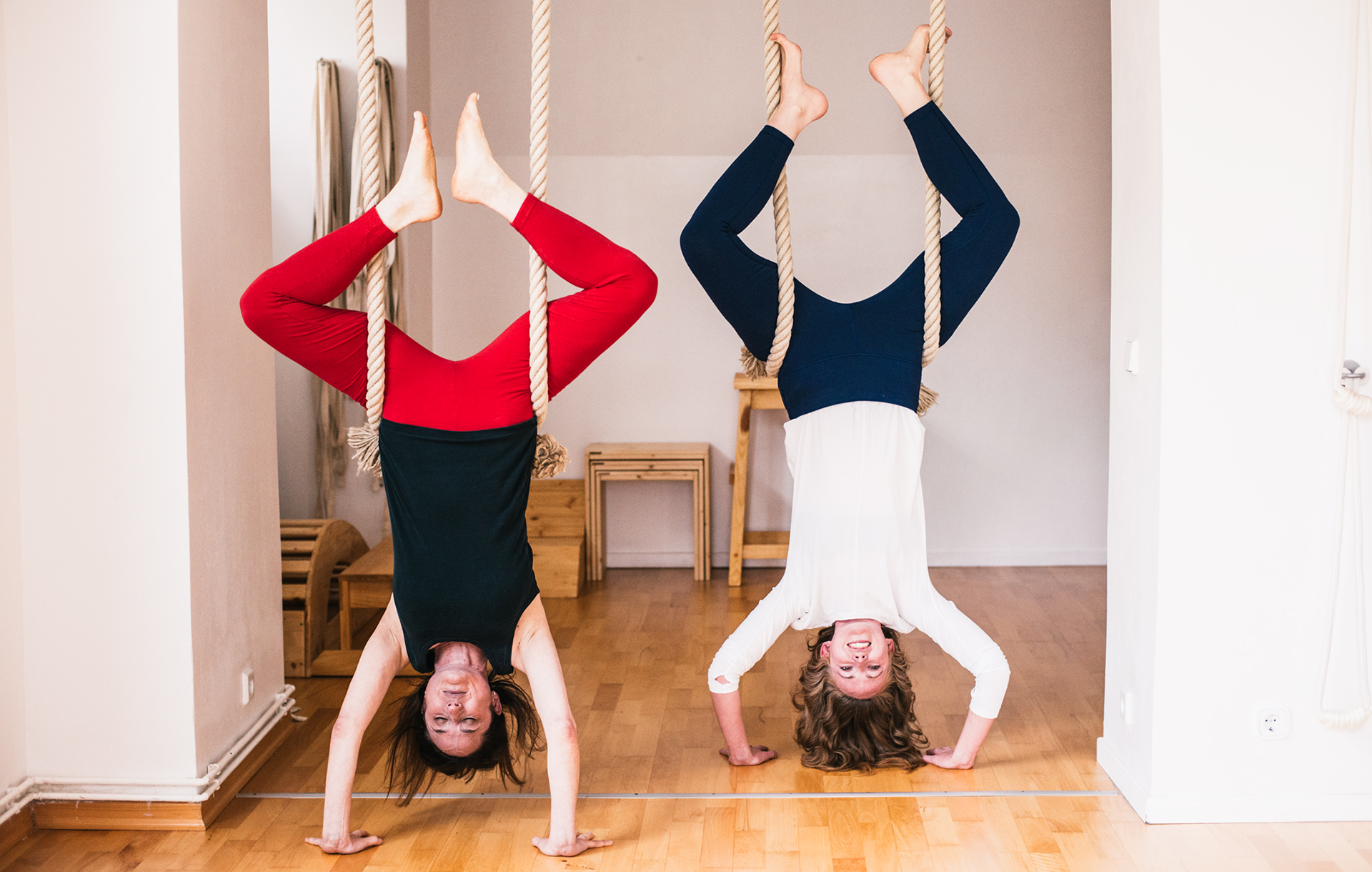 Foodadit founder, Alanna Lawley and Elizabeth Smullens Brass - Iyengar Yoga Teacher in yoga ropes