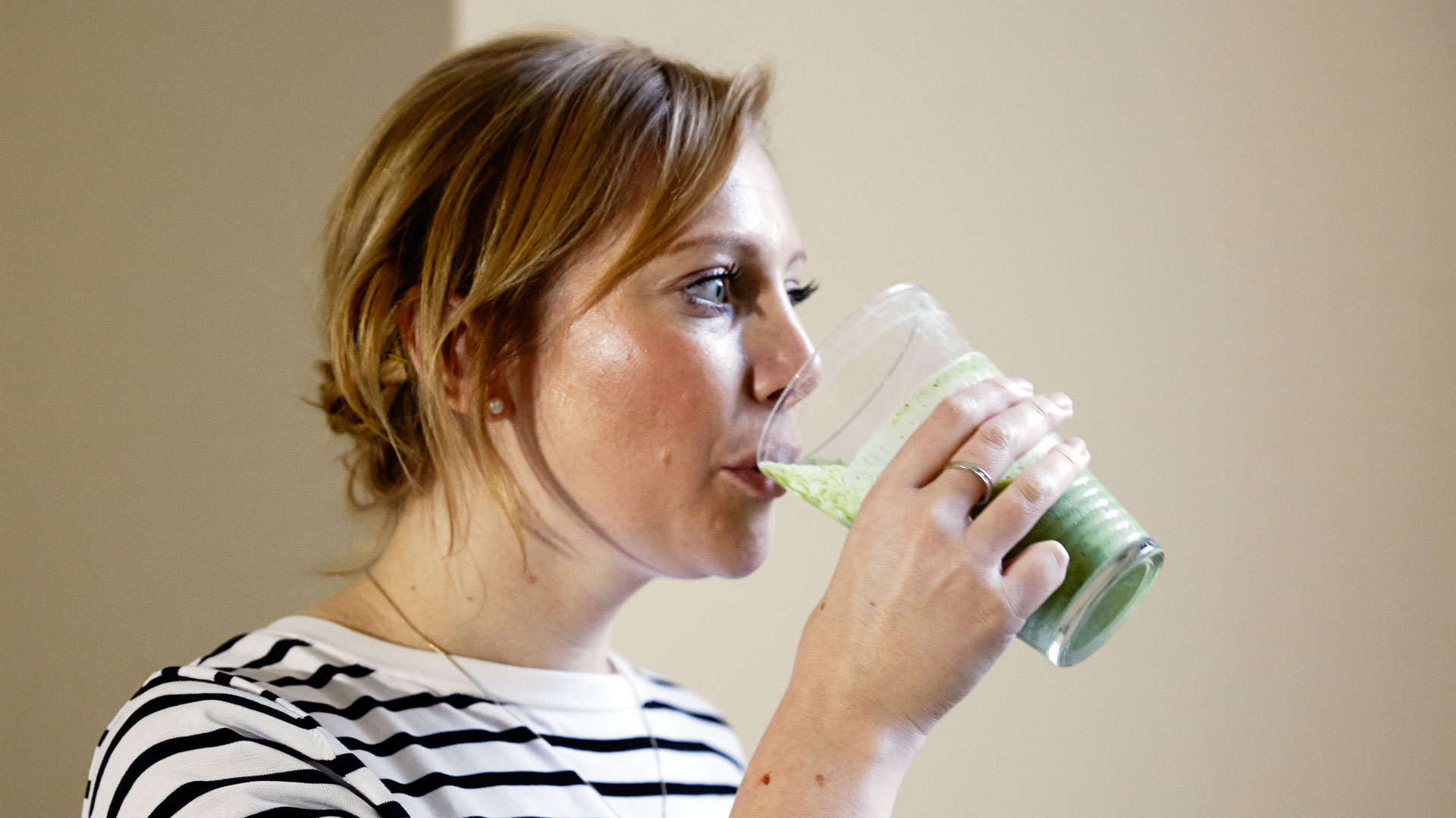 Karen Arkell drinks her Green Goddess Juice.
