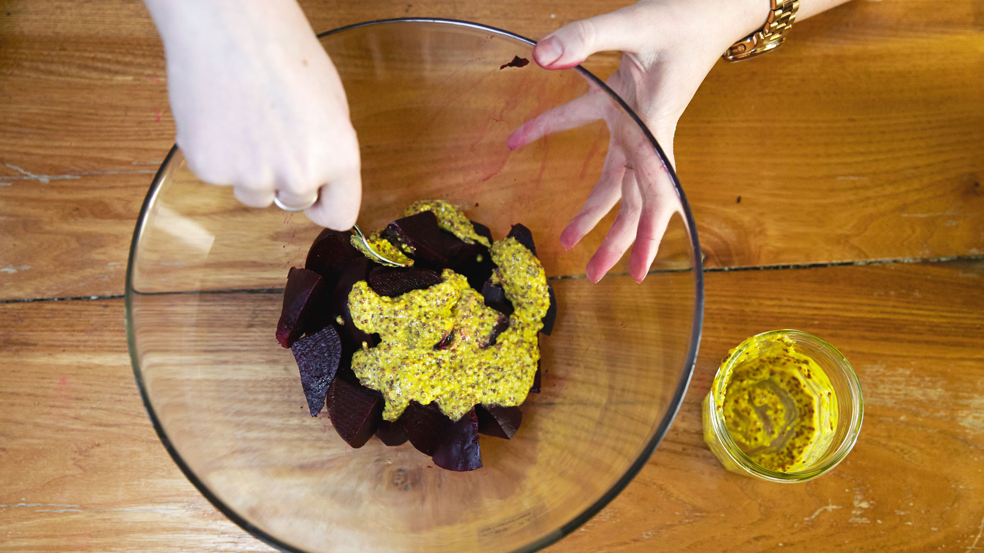 Karen Arkell mixes beetrootand mustard to go with her Tuna Burger recipe.